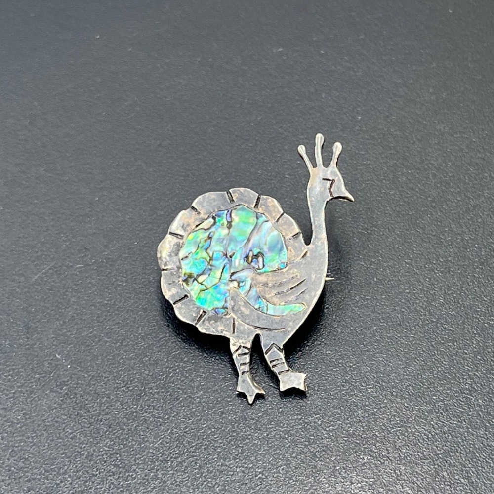 ES MEXICO Signed 925‎ Sterling Silver Vintage Abalone Shell Peacock Brooch Pin